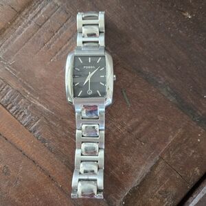 Fossil Silver Watch with Black Rectangular Dial